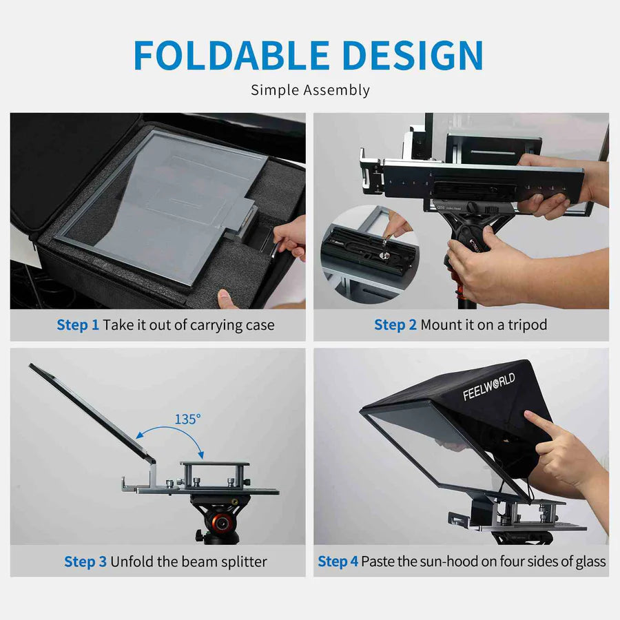 FEELWORLD TP16 16 Inch Folding Teleprompter Supports up to 16″ Tablet Horizontal Vertical Prompting