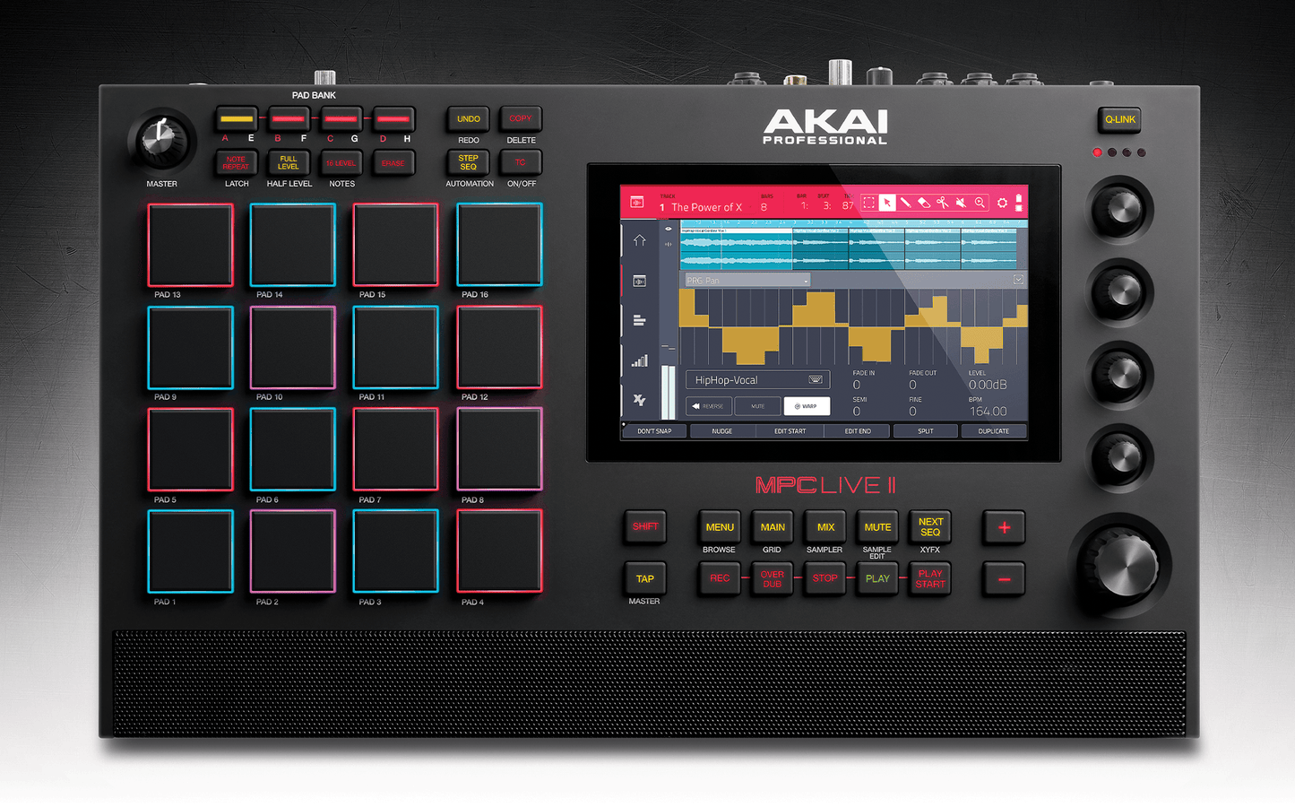 Akai Professional MPC Live II standalone music production center with 7-inch touchscreen, RGB pads, built-in speakers, and rechargeable battery