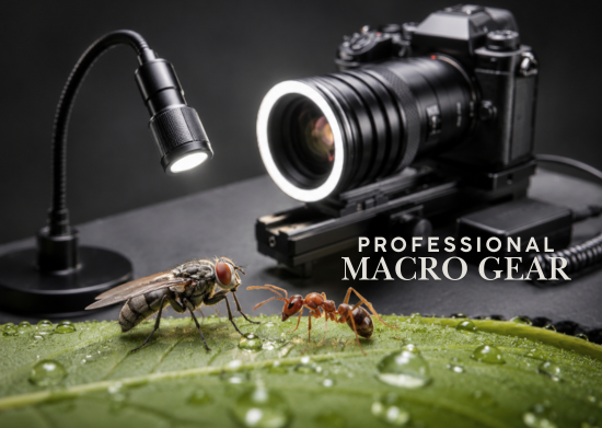 Professional macro photography gear including macro lenses, macro flashes, extension tubes, focusing rails, and close-up accessories