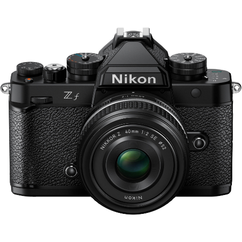 Nikon Z f mirrorless camera with 40mm f/2 lens black front view