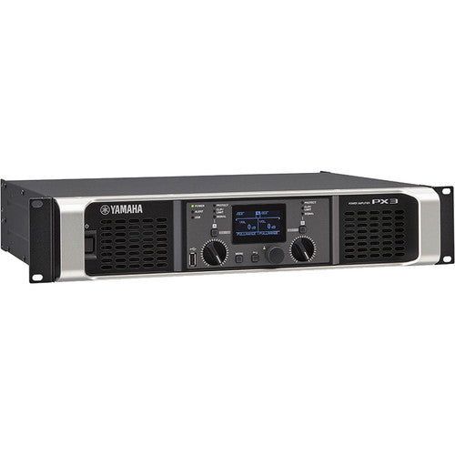Yamaha PX3 stereo Class-D power amplifier with DSP processing, LCD display, and rackmount design