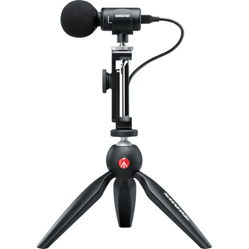 Shure MV88+ Video Kit stereo condenser microphone with phone clamp, tripod, and accessories