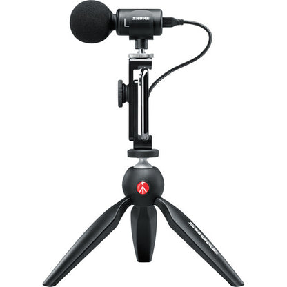 Shure MV88+ Video Kit stereo condenser microphone with phone clamp, tripod, and accessories