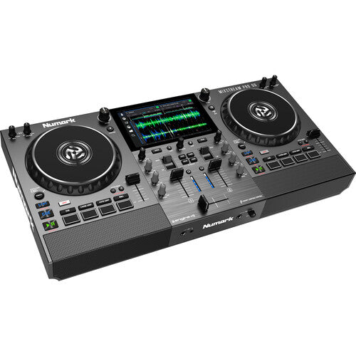 Numark Mixstream Pro Go battery-powered standalone DJ controller with touchscreen display, speakers, and wireless streaming features for DJs