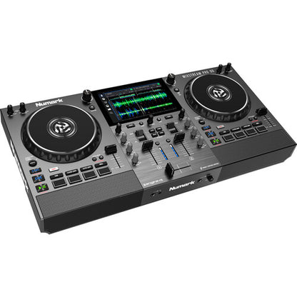 Numark Mixstream Pro Go battery-powered standalone DJ controller with touchscreen display, speakers, and wireless streaming features for DJs
