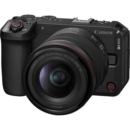 Canon EOS R6 V mirrorless camera with 20-50mm F4 lens for professional photography and cinematic video