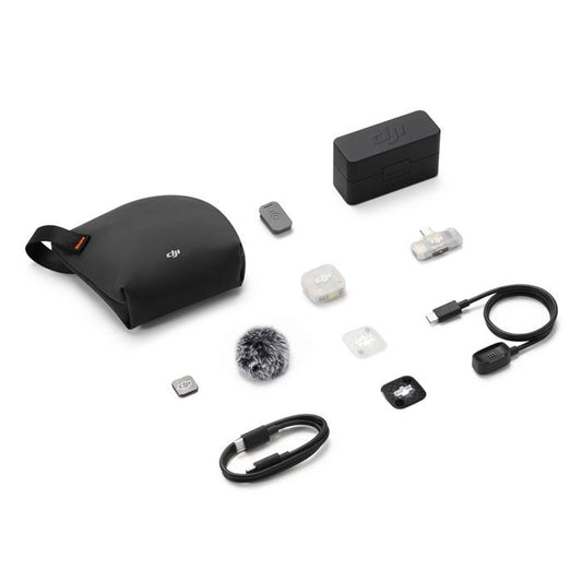 DJI Mic Mini 2S wireless microphone system with one transmitter, mobile receiver, and charging case
