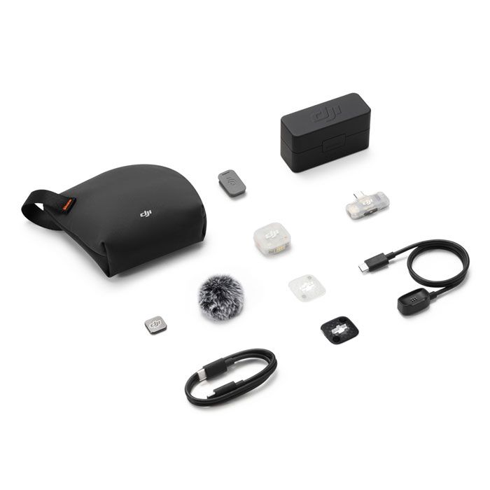 DJI Mic Mini 2S wireless microphone system with one transmitter, mobile receiver, and charging case