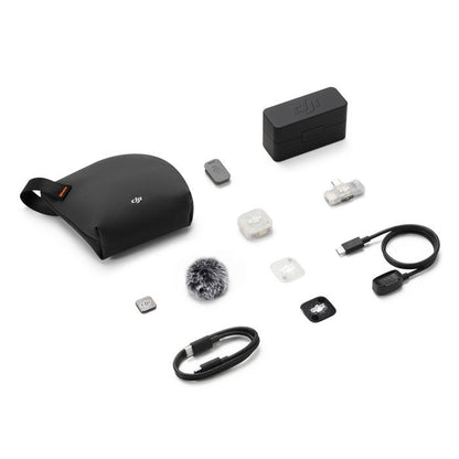 DJI Mic Mini 2S wireless microphone system with one transmitter, mobile receiver, and charging case