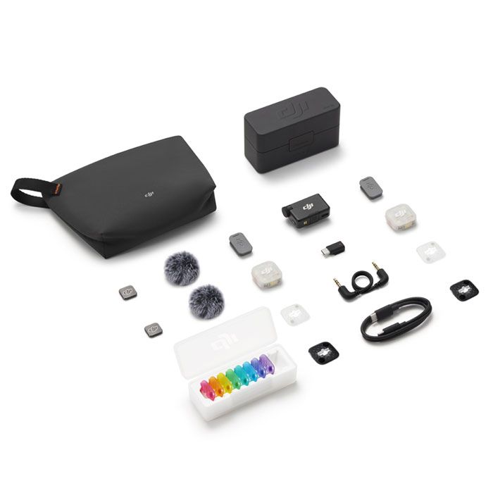 DJI Mic Mini 2S wireless microphone system with two transmitters, one receiver, and charging case