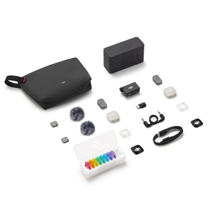 DJI Mic Mini 2S wireless microphone system with two transmitters, one receiver, and charging case