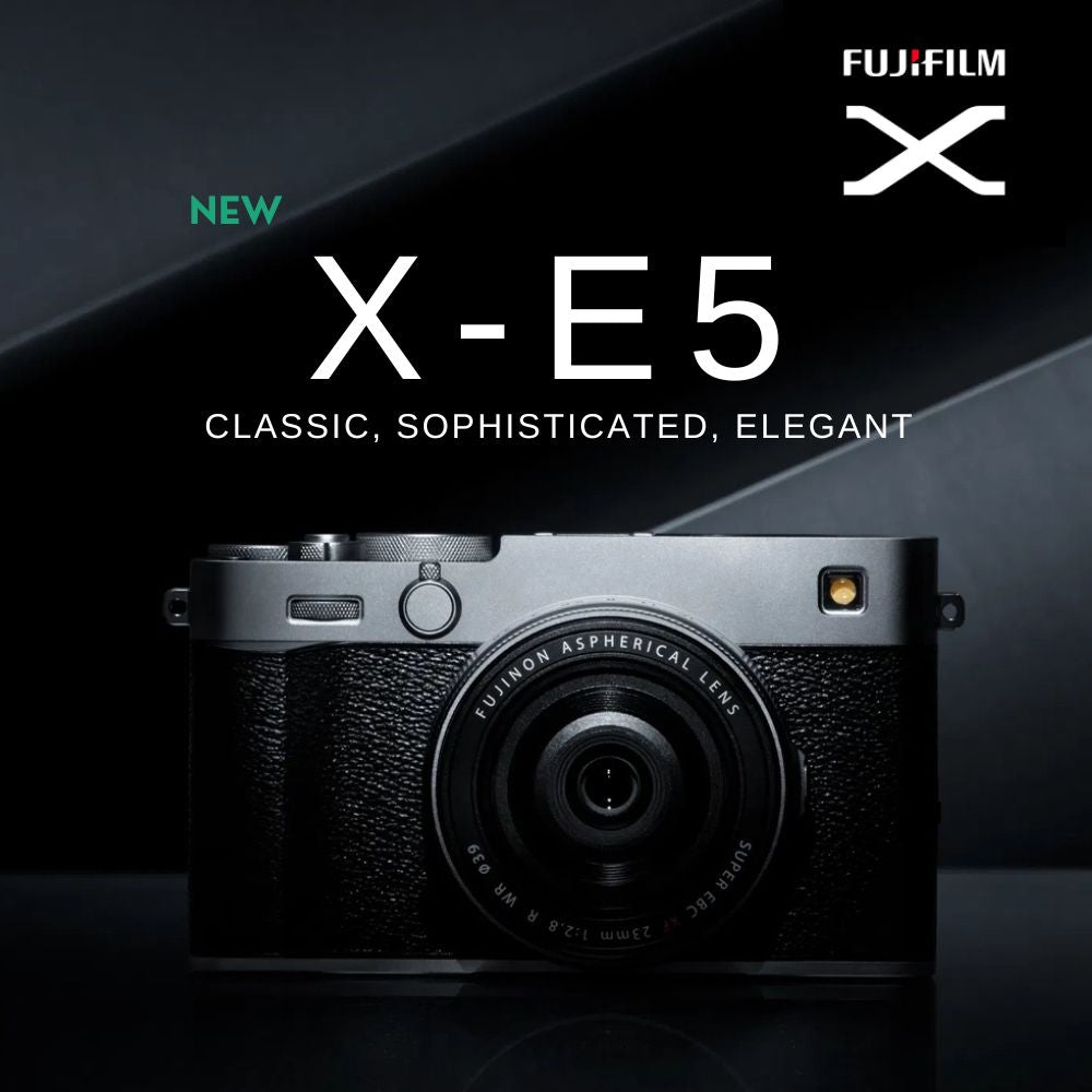 Fujifilm X-E5 camera with brand logo and text on a dark background