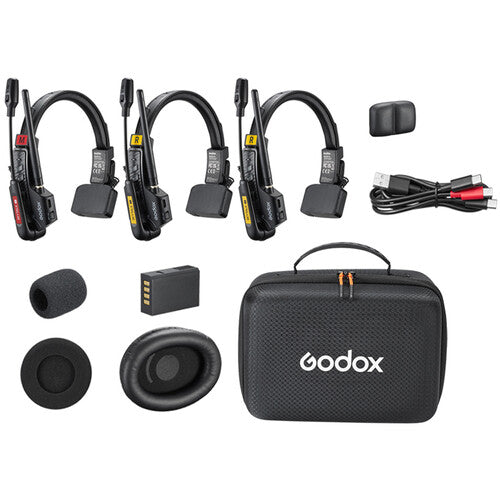 Godox SkyTalk Air 3S 3-person full-duplex wireless intercom headset system with three headsets and 2.4 GHz connectivity.
