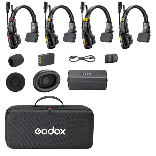 Godox SkyTalk Air 4S 4-person full-duplex wireless intercom headset system with four single-ear headsets, 2.4 GHz connectivity and charging case.