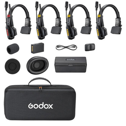 Godox SkyTalk Air 4S 4-person full-duplex wireless intercom headset system with four single-ear headsets, 2.4 GHz connectivity and charging case.
