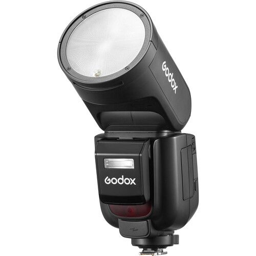 Godox V1Pro TTL Li-ion round-head camera flash with adjustable bounce head, wireless control and detachable SU-1 sub-flash.