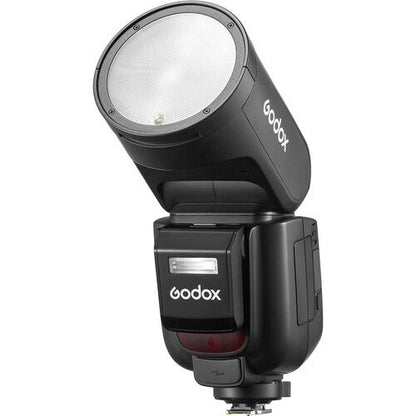 Godox V1Pro TTL Li-ion round-head camera flash with adjustable bounce head, wireless control and detachable SU-1 sub-flash.