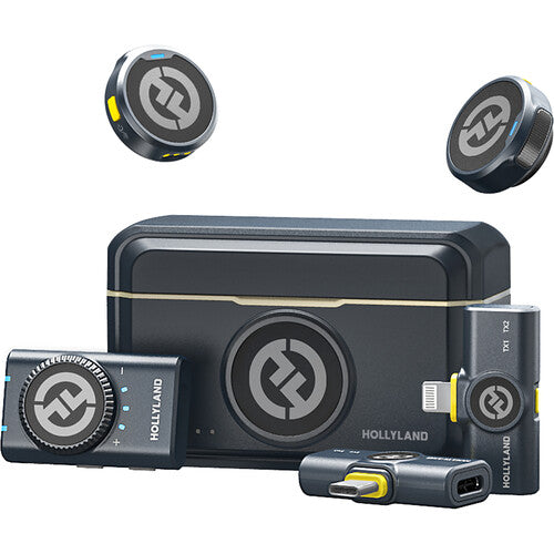 Hollyland LARK M2 DUO 2-person wireless combo microphone system with camera, USB-C, Lightning receivers, and charging case