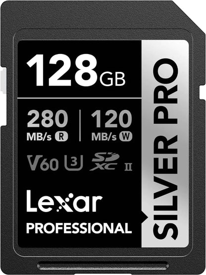 LEXAR PROFESSIONAL 128GB SILVER PRO SDXC UHS-ICARD, UP TO 280MB-S READ120MB-S WRITE, C10 U3 V60 Front View