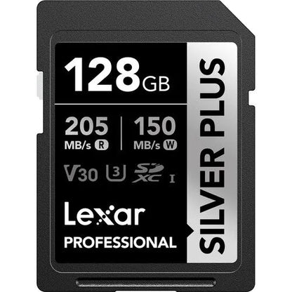 LEXAR PROFESSIONAL 128GB SILVER PLUS SDXC™ UHSI CARDS, UP TO 205MB/S READ 150MB/S WRITE C10 V30 U3 Front View