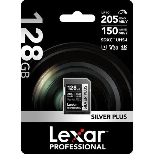 LEXAR PROFESSIONAL 128GB SILVER PLUS SDXCâ„¢ UHSI CARDS, UP TO 205MB/S READ 150MB/S WRITE C10 V30 U3 Center View