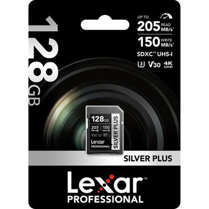 LEXAR PROFESSIONAL 128GB SILVER PLUS SDXC™ UHSI CARDS, UP TO 205MB/S READ 150MB/S WRITE C10 V30 U3 Center View
