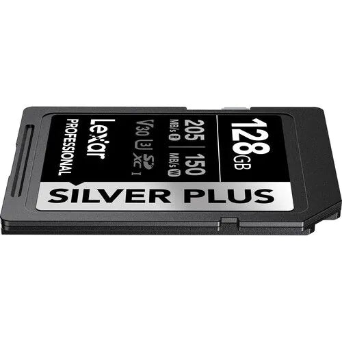 LEXAR PROFESSIONAL 128GB SILVER PLUS SDXC™ UHSI CARDS, UP TO 205MB/S READ 150MB/S WRITE C10 V30 U3 Side View