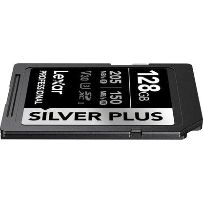 LEXAR PROFESSIONAL 128GB SILVER PLUS SDXC™ UHSI CARDS, UP TO 205MB/S READ 150MB/S WRITE C10 V30 U3 Side View
