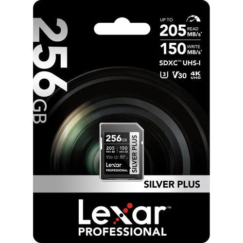 LEXAR PROFESSIONAL 256GB SILVER PLUS SDXC™ UHSI CARDS, UP TO 205MB/S READ 150MB/S WRITE C10 V30 U3 Center View