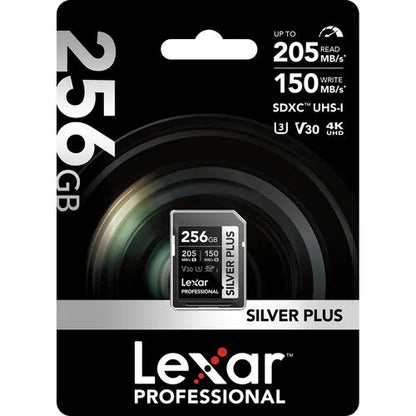 LEXAR PROFESSIONAL 256GB SILVER PLUS SDXC™ UHSI CARDS, UP TO 205MB/S READ 150MB/S WRITE C10 V30 U3 Center View