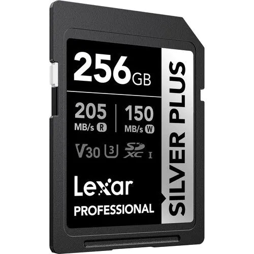 LEXAR PROFESSIONAL 256GB SILVER PLUS SDXC™ UHSI CARDS, UP TO 205MB/S READ 150MB/S WRITE C10 V30 U3 Side View
