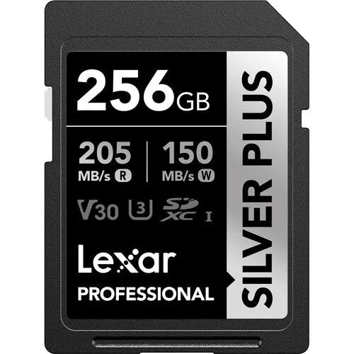 LEXAR PROFESSIONAL 256GB SILVER PLUS SDXC™ UHSI CARDS, UP TO 205MB/S READ 150MB/S WRITE C10 V30 U3 Front View