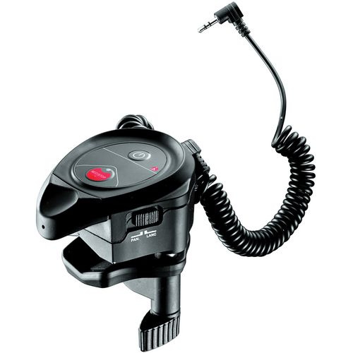 Manfrotto RC Clamp LANC MVR901ECPL remote control mounted on tripod handle for video camera operation