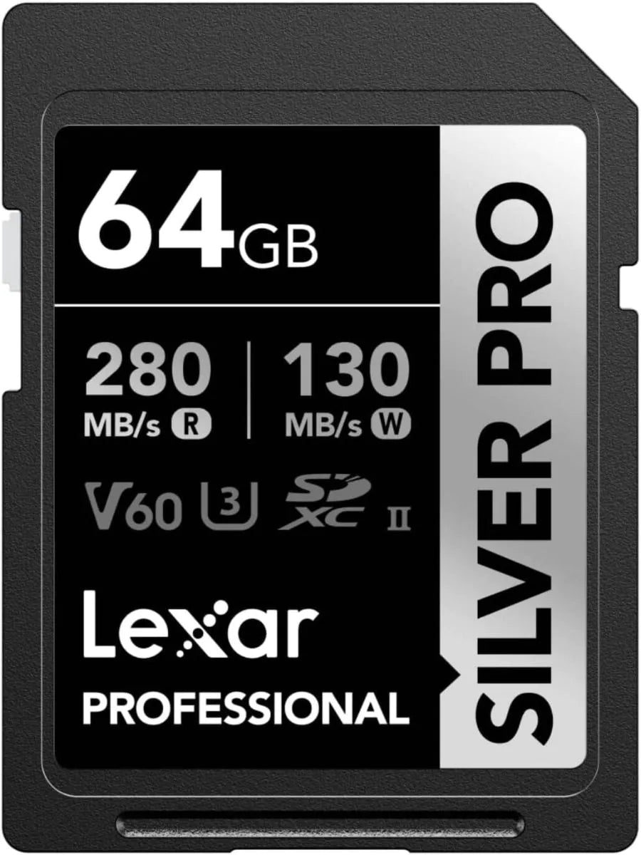 LEXAR PROFESSIONAL 64GB SILVER PRO SDXC UHS-II CARD, UP TO 280MB/S READ, 130MB/S WRITE, C10 U3 V60 Front View