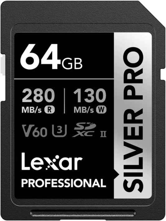 LEXAR PROFESSIONAL 64GB SILVER PRO SDXC UHS-II CARD, UP TO 280MB/S READ, 130MB/S WRITE, C10 U3 V60 Front View