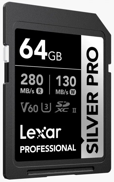 LEXAR PROFESSIONAL 64GB SILVER PRO SDXC UHS-II CARD, UP TO 280MB/S READ, 130MB/S WRITE, C10 U3 V60 Side View
