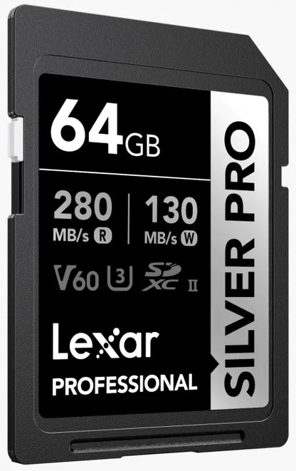 LEXAR PROFESSIONAL 64GB SILVER PRO SDXC UHS-II CARD, UP TO 280MB/S READ, 130MB/S WRITE, C10 U3 V60 Side View
