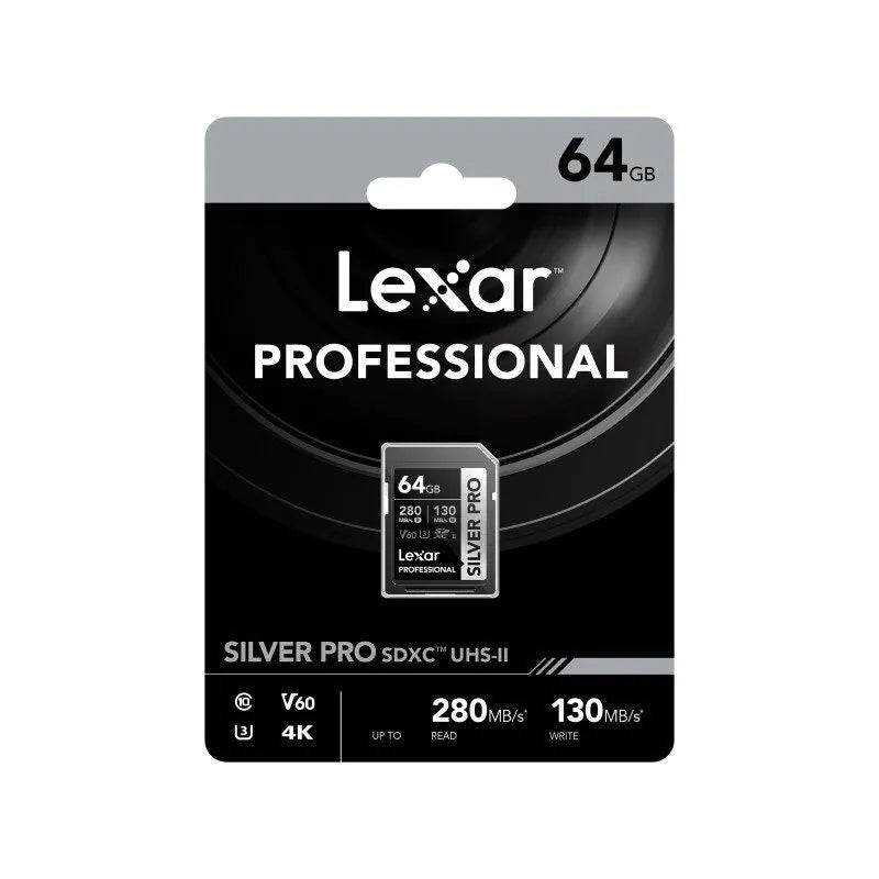 LEXAR PROFESSIONAL 64GB SILVER PRO SDXC UHS-II CARD, UP TO 280MB/S READ, 130MB/S WRITE, C10 U3 V60 Center View