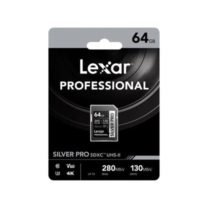 LEXAR PROFESSIONAL 64GB SILVER PRO SDXC UHS-II CARD, UP TO 280MB/S READ, 130MB/S WRITE, C10 U3 V60 Center View