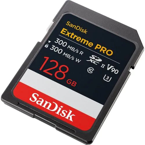 SanDisk 128GB Extreme PRO UHS-II SDXC Memory Card 300MB/s Read & write speed 8K, V90 Sideview
