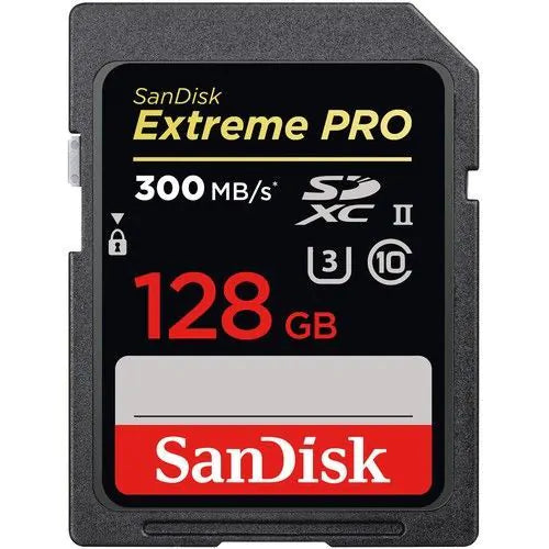 Sandisk Extreme PRO 128GB 300MB/S, UHS-II, Class 10, U3, V90 Frontview