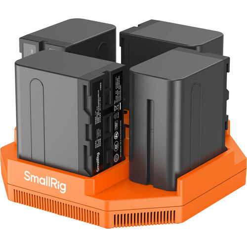 SmallRig 4-channel charger with four NP-F970 L-series rechargeable batteries for video production equipment