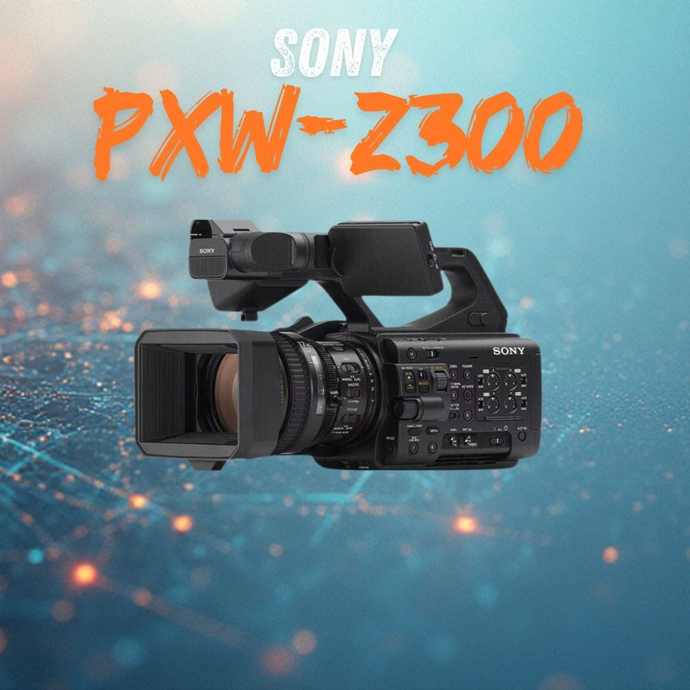 Sony PXW-Z300 video camera on a blue background with digital effects