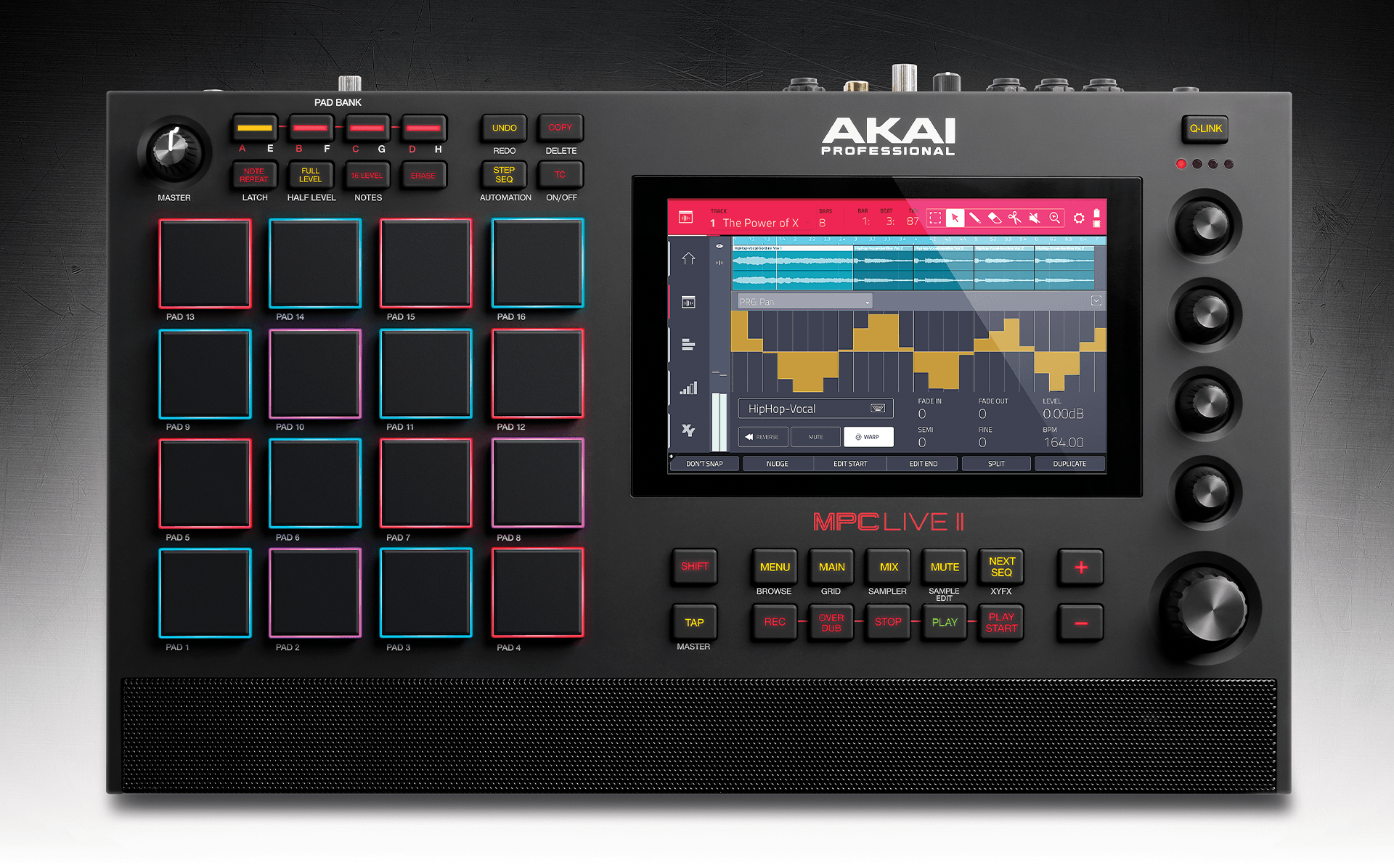 Akai Professional MPC Live II standalone music production center with 7-inch touchscreen, RGB pads, built-in speakers, and rechargeable battery