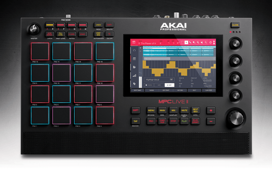 Akai Professional MPC Live II standalone music production center with 7-inch touchscreen, RGB pads, built-in speakers, and rechargeable battery