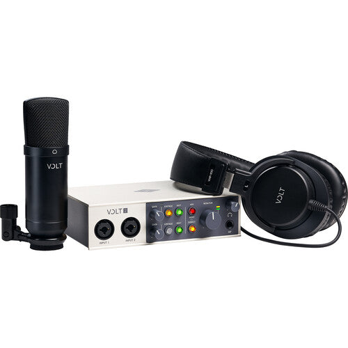 Universal Audio Volt 2 Studio Pack home recording bundle with USB audio interface, condenser microphone, headphones, and accessories