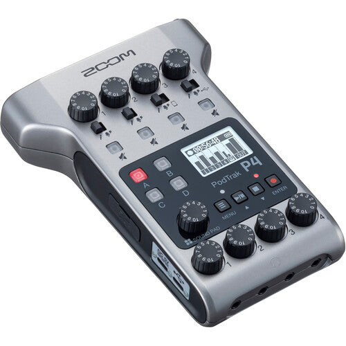 Zoom PodTrak P4 portable multitrack podcast recorder with 4 mic inputs and headphone outputs